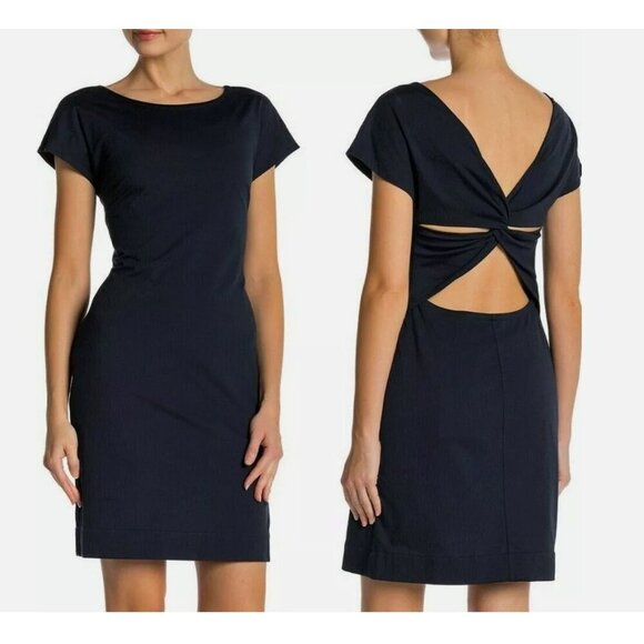 Theory Andrizza Twisted Back Navy Soft Stretch Seersucker Sheath Dress Sz 0 NEW - Picture 10 of 11